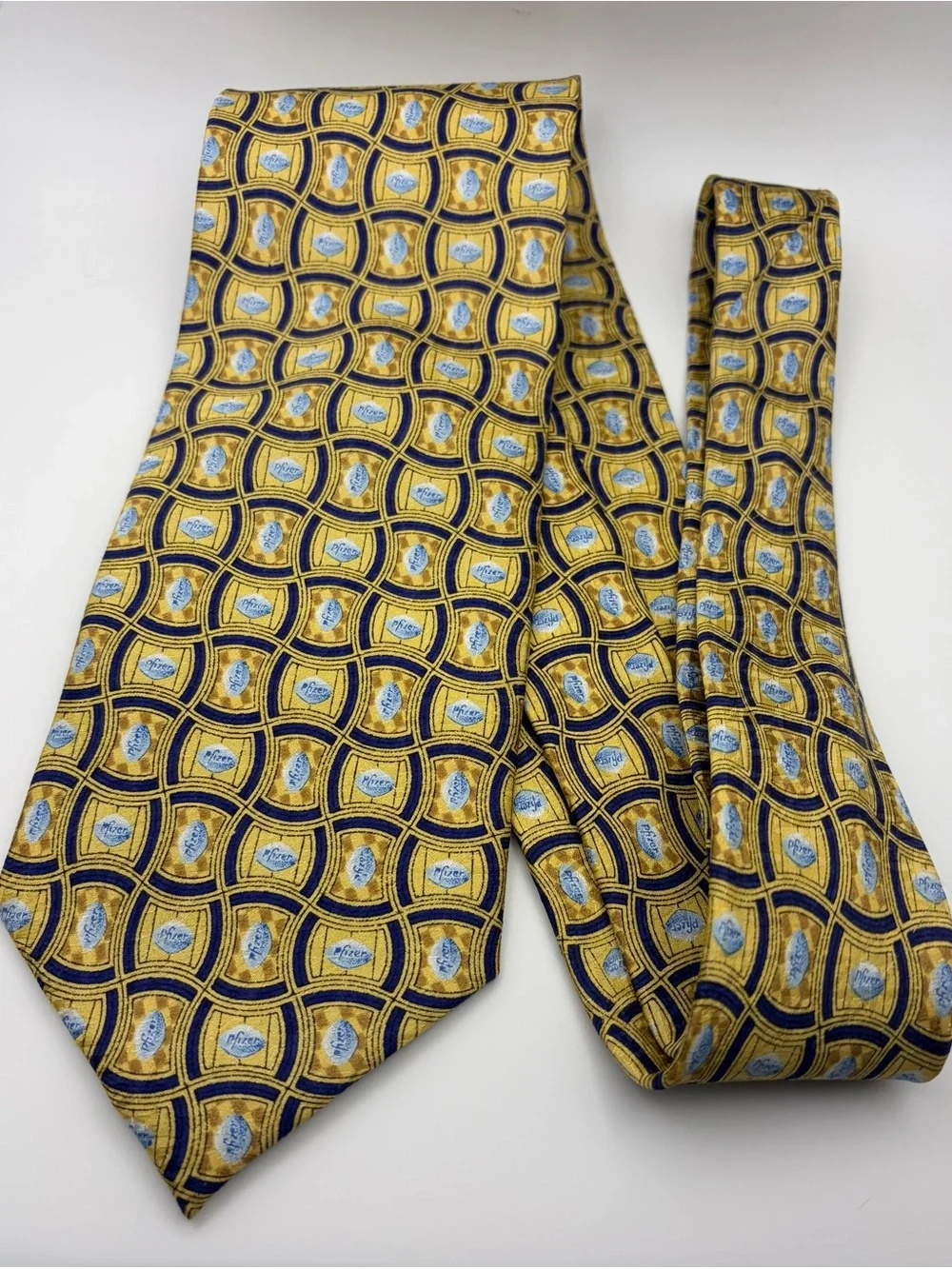 Pfizer Logo 100% Silk Necktie Gold Blue Pharmaceutical Corporate Medical Tie